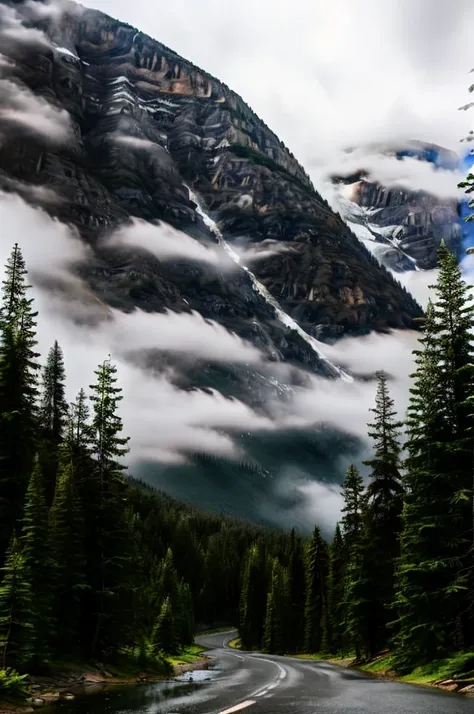 conifer forest misty cloudscapes road mountain clifs car