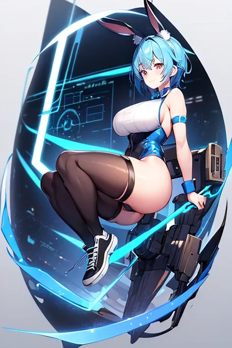 1girl, blue hair, large breasts, bunny ears, rabbit ears, thick thighs, mature female, bodysuit, black bodysuit, short hair, very short hair, science-fiction, tech, futuristic, machinery, full body, ((full body)), smile, cute face, sneakers, animal ear flu...