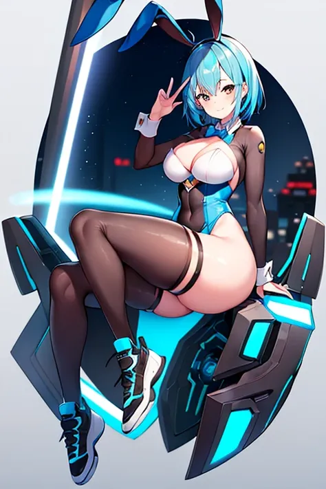 1girl, blue hair, large breasts, bunny ears, rabbit ears, thick thighs, mature female, bodysuit, black bodysuit, short hair, very short hair, science-fiction, tech, futuristic, machinery, full body, ((full body)), smile, cute face, sneakers, animal ear flu...