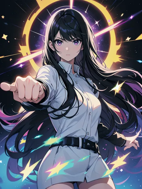 Woman with black eyes, long black hair, white blouse with black stars, black jacket with stars, purple stellar energy around, cosmic power, cosmic shining power. black hair, black eyes. Shooting with your finger, making a gun with your finger.