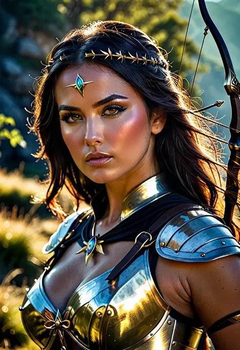 A stunning portrait of the sultry busty Archer Temptress Warrior on a quest to find the Golden Mystical Bow, Glimmering, Harmonious, masterpiece,  walking through the valley of death, Shadow play, light, moody,   mysterious, glossy hair,vivid,  Abstract Ne...