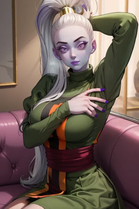 Dress_DragonBallSuper_Vados_ownwaifu, 
1girl, blue skin, white hair, hair pulled back, high ponytail, purple eyes, colored skin, alien, long hair, very long hair, lipstick, makeup, purple lips, breasts, large breasts, large ass,eyelashes,  jewelry, purple ...