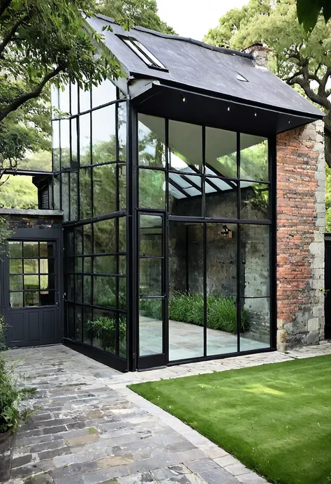 imagine an industrial house with different levels, with a glass wall divided by a massive black iron structure, a wall with engl...