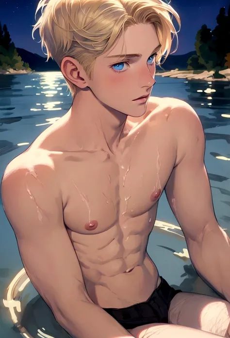 semi realistic art style, 90s aesthetic, deitailed textures, soft and warm light, young man(pale skin, short messy blonde hair, blue eyes, soft face, skinny body tipe, mastectomy scars), bathing in the lake at night