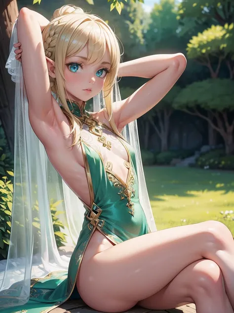 Ultra sharp, masterpiece, best quality, intricate details, detailed eyes, perfect face detailed face, masterpiece, highly detailed exquisite character art, perfectly detailed anatomy, Beautiful girl, transparent flowy outfit, Elf girl, Elf ear, (Showing ar...