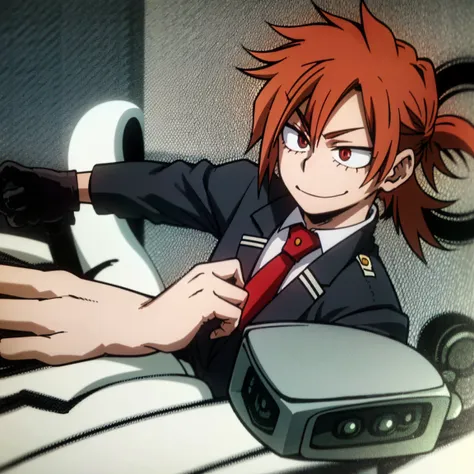 1boy, male focus, boku no hero academia, masterpiece, best quality, very aesthetic, muscular body, short low ponytail hair, deep orange hair, scarlet eyes, smirk, gray jacket, red tie, white shirt, teal pants, boots 