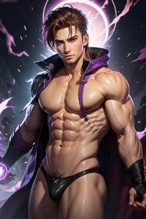 Gambit, x-men, handsome, chubby, semi nude,  eyes glowing purple, glowing card deck, highly detailed, fantasy, gay, 