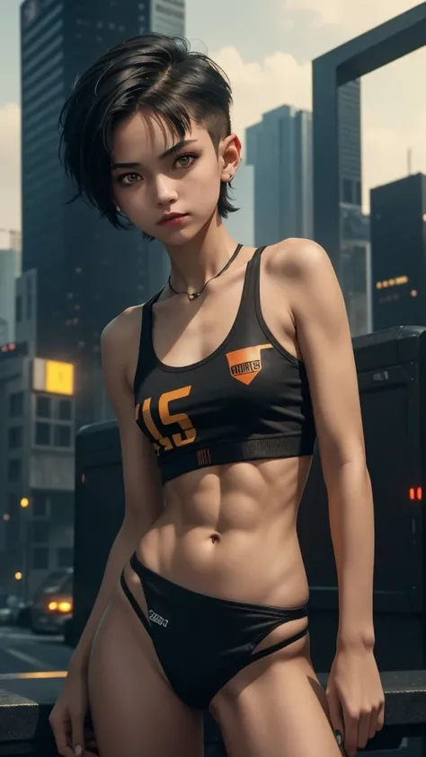 solo, 1girl, (masterpiece), ((16 year old appearance)), short hair, mohalk punk hair, small breasts, yellow eyes, ((detailed eyes)), (athletic body), (simple black cropped), micro black top with red details, Looking at the screen, orange lipstick, visible ...