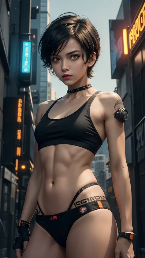 solo, 1girl, (masterpiece), ((16 year old appearance)), short hair, mohalk punk hair, small breasts, yellow eyes, ((detailed eyes)), (athletic body), (simple black cropped), micro black top with red details, Looking at the screen, orange lipstick, visible ...