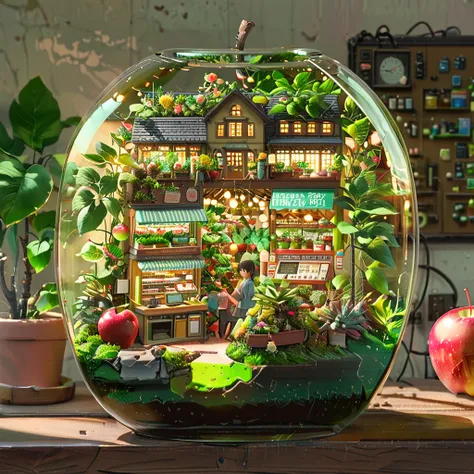 ((anime:1.4,illustration)),(masterpiece, top quality, best quality),(ultra-detailed, absolutely resolution),((16k, high res)),

(((a miniature of a model of a plants shop inside an apple, incredibly detailed, a microscopic photo, photorealism))

((cosy lof...