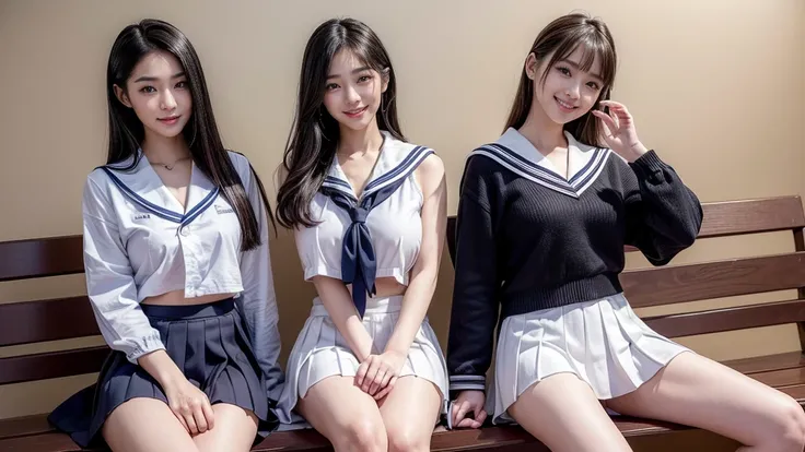 (Three mature asian girls from the same school in short uniform with perfect detail sitting on a bench:1.5)、25 years old woman, JK 、(Black Haired Gal:1.5)、Famous  in Japan in short uniform、(Pleated miniskirt with perfect detail、Wearing a short sailor suit ...