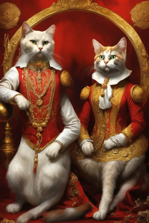 Gatos elegantes, y algunos muy bizantinos, al estilo de los rusos ortodoxos. fondo rojo y halo dorado.