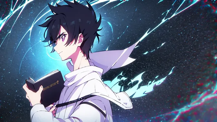 make a character with black hair who holds a magic book, esse personagem e visto de forma frontal e da cintura pra cima, em um background 100% branco 