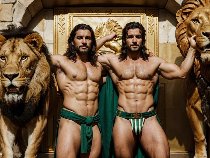 a realistic 4k photo Hercules, a Greek mythological figure, who is standing and dressed in a lion skin covering his shoulders and another lion skin as a loincloth. Hercules is standing in a dominant posture, with his right hand on the head of a lion on his...