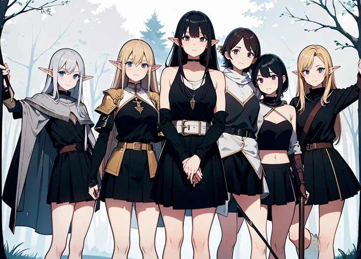 a scene of group of  women are posing with swords in the woods with other people, weapon, BLACK armor, polearm, pointy ears, multiple girl, spear, nature, arrow (projectile), elf BLACK HAIR