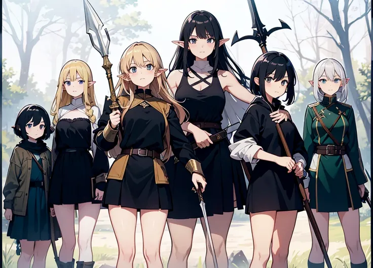 a scene of group of  women are posing with swords in the woods with other people, weapon, BLACK armor, polearm, pointy ears, multiple girl, spear, nature, arrow (projectile), elf BLACK HAIR