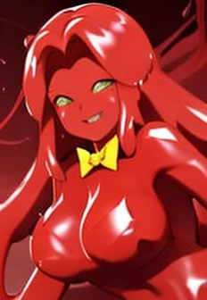 (masterpiece,highest quality,Very delicate,Perfect Face), Red Slime Body, Green Eyes, Yellow bow tie,(melting breasts,Melting legs,Dissolves hair) jamanen:1.3,(Big Breasts),Long Hair,red Muddy cave,smiling