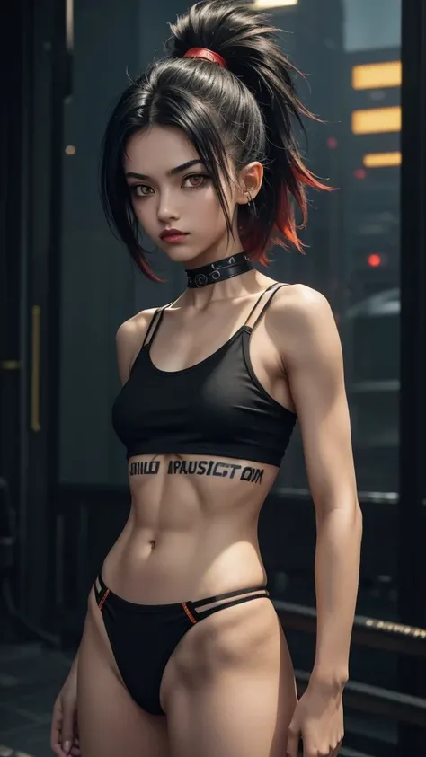 solo, 1girl, (masterpiece), ((16 year old appearance)), mohalk punk hair, small breasts, yellow eyes, ((detailed eyes)), (athletic body), (simple black cropped), (simple sexy micro black top with red details), Looking at the screen, orange lipstick, visibl...