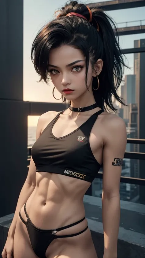 solo, 1girl, (masterpiece), ((16 year old appearance)), mohalk punk hair, small breasts, yellow eyes, ((detailed eyes)), (athletic body), (simple black cropped), (simple sexy micro black top with red details), Looking at the screen, orange lipstick, visibl...