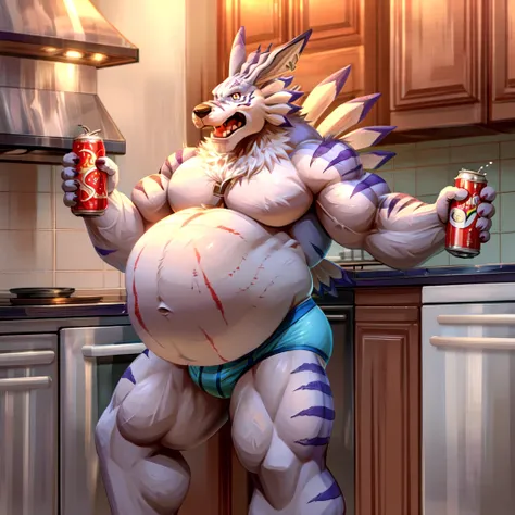 solo, weregarurumon, muscular, muscle gut, round belly, hyper belly, belly expanding bigger and bigger like a balloon, stretch marks on stomach, shirtless, briefs, shocked, holding a can of soda, belly rumbling, bubbles, kitchen