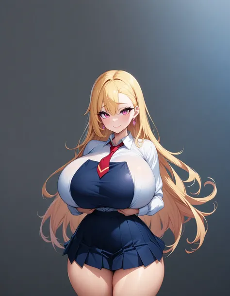 blonde hair color,long hair,pink eyes,high school costume,tie,skirt,earrings,huge breasts,Whipped thighs,slender,SFW,perfect,high quality,faultless,smile,SFW,perfect,high quality,faultless,high school background