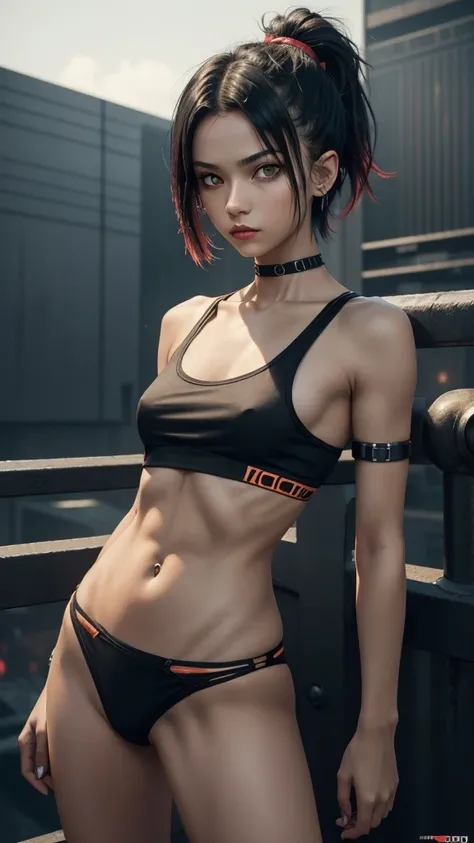 solo, 1girl, (masterpiece), ((14 year old appearance)), mohalk punk hair, small breasts, yellow eyes, ((detailed eyes)), (athletic body), (simple black cropped), (simple sexy micro black top with red details), Looking at the screen, orange lipstick, visibl...