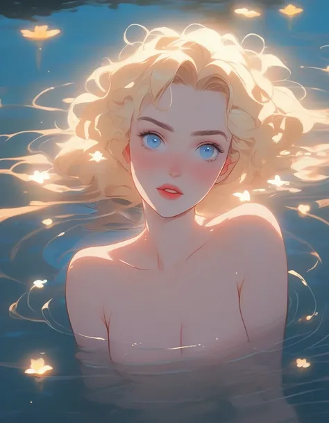 comic art style, 90s aesthetic, deitailed textures, soft and warm light, adult Woman(pale skin, short messy blonde hair, blue eyes), bathing in the lake at night, naked