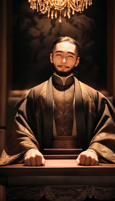 Wearing a black coat，Smile，Middle of the lens，The background is a traditional Chinese painting，Men have no beards，Wise monk，Center the photo，Character Center，sitting behind the coffee table，Real frontal photo，Face HD，The face is softly lit，Smile，The backgr...