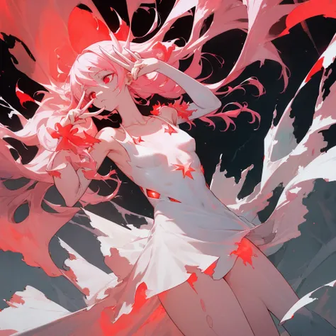 masterpiece, White glowing coral pink hair, long hair, glowing red eyes
Eyes, torn white shoulder strap dress, suspicious atmosphere, eerie,  small breasts, white skirt, thin body, Cool Beauty, red concentrated line background,  collarbone, red energy bull...