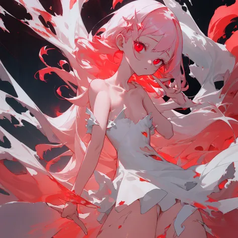 masterpiece, White glowing coral pink hair, long hair, glowing red eyes
Eyes, torn white shoulder strap dress, suspicious atmosphere, eerie,  small breasts, white skirt, thin body, Cool Beauty, red concentrated line background,  collarbone, red energy bull...