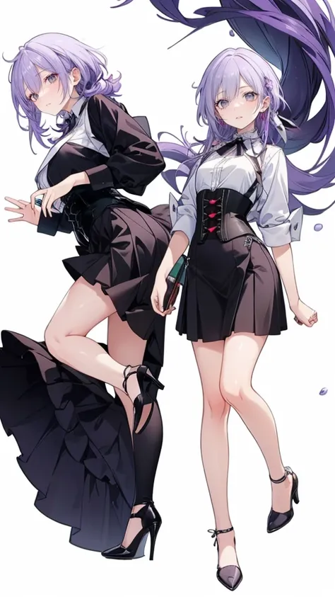 ((Perfect Face)),Purple Hair,Adult female,White shirt,((Shirt with rolled up sleeves)),(((Roll up your sleeves))),((corset)),short skirt,(High heels),((Simple White Background)),((full body)),((Full Body)),