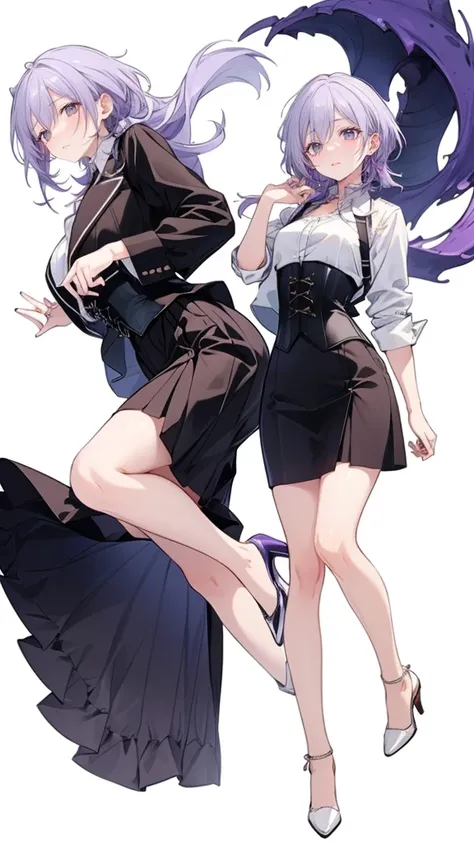 ((Perfect Face)),Purple Hair,Adult female,White shirt,((Shirt with rolled up sleeves)),(((Roll up your sleeves))),((corset)),short skirt,(High heels),((Simple White Background)),((full body)),((Full Body)),