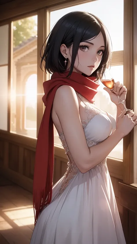 (masterpiece, best quality:1.2), solo, 1girl, Mikasa Ackerman, Attack on titan, looking at viewer, red gorgeous scarf, earrings, official art, extremely detailed CG unity 8k wallpaper, perfect lighting, (masterpiece:1.0),(best_quality:1.0), ultra high res,...