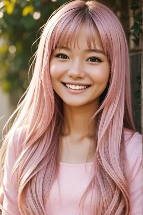 Realistic smile girl, wallpaper soft pink, long hair 