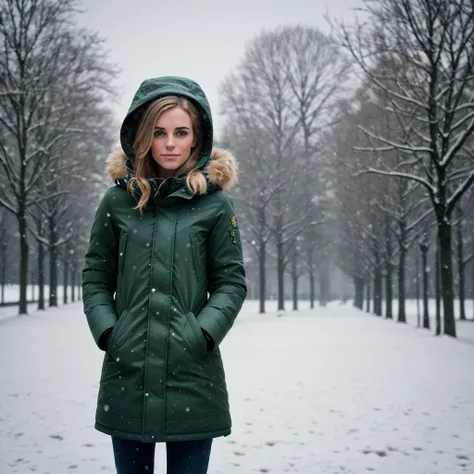 a realistic photograph de fit and thin beautiful (M36D0n:1.1) woman as a beautiful playing score in a dark green parka standing in the snow near the brandenburg ghase in berlin,nuit noire,light snow showers,prise avec Nikon D850,Nikon AF-S 85 mm f./1.Objec...