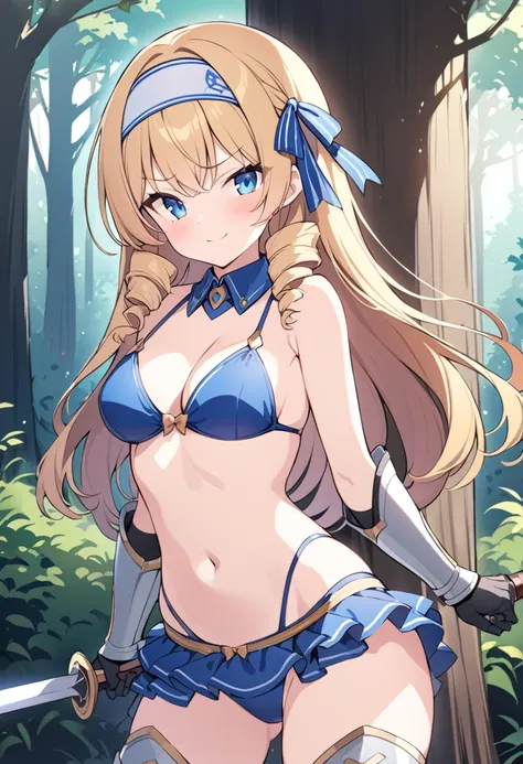 1girl, long hair, blonde hair, drill hair, blue eyes, headband, bikini, armor, detached collar, single pauldron, gauntlets, greaves, showgirl skirt, standing, outdoors, forest, holding sword, smug, looking at viewer, cowboy shot score_9, score_8_up, score_...