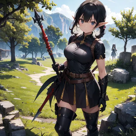 a scene of group of women are posing in wood weapon, BLACK armor, polearm, pointy ears, multiple girl, spear, nature, , elf , BLACK HAIR