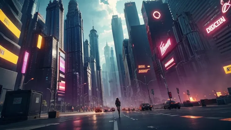 cidade cyberpunk, mulher e homem protagonista, Action, noite, atmospheric, detalhes em 8k, high level of detail