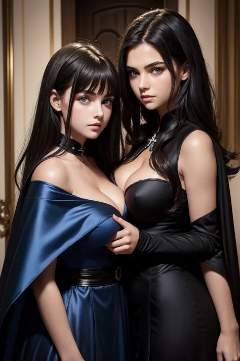 two sisters portrait break: female, evil, 19 years old , black hair and blue eyes, arrogant, leader, detailed face, beautiful face, curvys, tall, chubby, cleavage dress with cape, desing with christian cross, break: teenager(1.3) girl,13 years old, very sm...