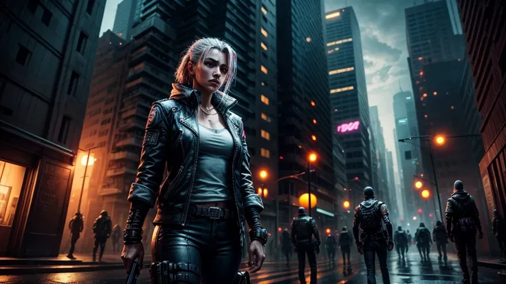 cidade cyberpunk, mulher e homem protagonista, Action, noite, atmospheric, detalhes em 8k, high level of detail