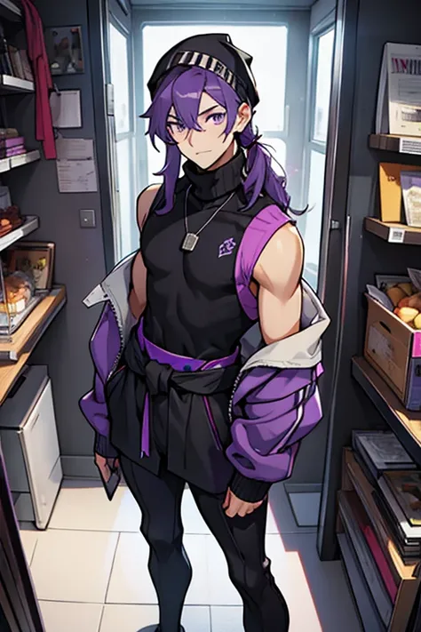 Young man purple hair black cap purple eyes pullover turtleneck sleeveless black sweater on waist with long stockings and hair clips 