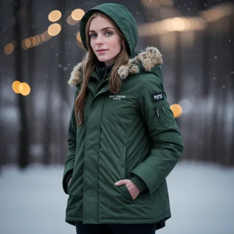 a realistic photograph de fit and thin beautiful (M36D0n:1.1) woman as a logging in a dark green parka standing in the bitch ,nuit noire,light snow showers,prise avec Nikon D850,Nikon AF-S 85 mm f./1.Objectif 4G,photo realistic,bokeh,imax,(very detailed),(...