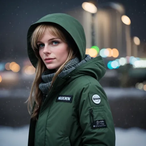 a realistic photograph de fit and thin beautiful (M36D0n:1.1) woman as a logging in a dark green parka standing in the bitch ,nuit noire,light snow showers,prise avec Nikon D850,Nikon AF-S 85 mm f./1.Objectif 4G,photo realistic,bokeh,imax,(very detailed),(...