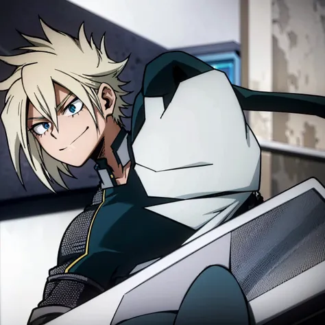 1boy, male focus, boku no hero academia, masterpiece, best quality, very aesthetic, muscular body, neat spikier on each end hair, blonde hair, blue eyes, smirk, gray jacket, unbuttoned collar, white shirt, teal pants, boots 