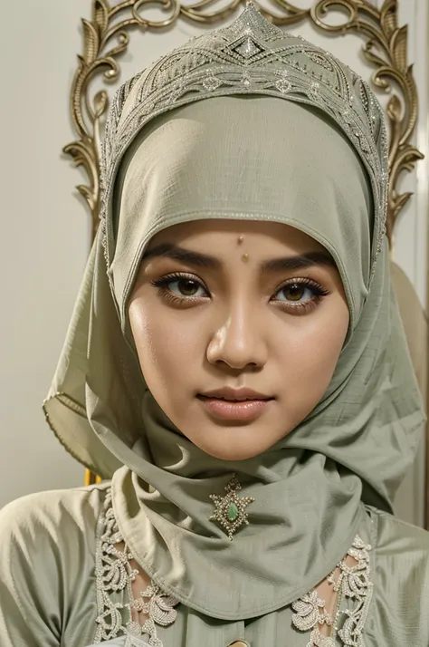 seorang perempuan menggunakan hijab menghadap kedepan dengan gaun panjang dengan ada gambar masjid dan disampingnya ada tulisan Selamat Hari Raya Idul Adha 1445H