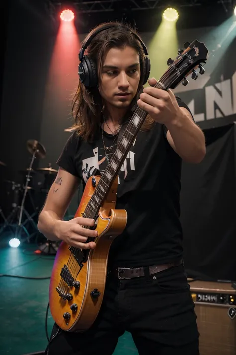 a man playing guitar,colored lights,rock musician,musical instrument,audience,stage,energetic performance,loud music,vibrant atmosphere,sweat,passion,bright colors,dynamic movements,music notes,electric guitar,amplifier,headphones,electric cables,stage mon...