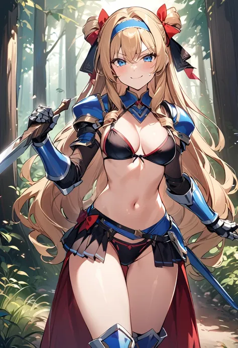 1girl, long hair, blonde hair, drill hair, blue eyes, headband, bikini, armor, detached collar, single pauldron, gauntlets, greaves, showgirl skirt, standing, outdoors, forest, holding sword, smug, looking at viewer, cowboy shot score_9, score_8_up, score_...