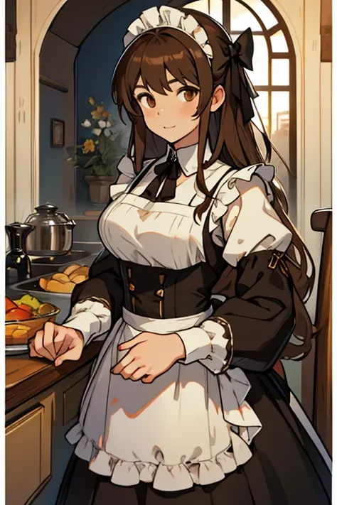 Young woman long brown hair brown eyes wearing maid outfit with black bow in her hair 