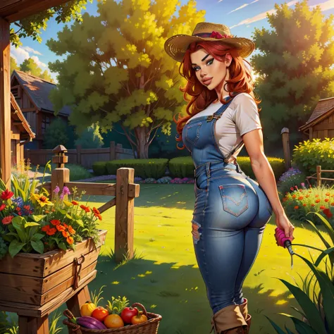 (best quality,4k,8k,highres,masterpiece:1.2),ultra-detailed,realistic,red-haired girl with freckles,beautiful detailed eyes and face,smug expression,sassy attitude,cute girl,curly red hair,plaid shirt,denim overalls,hat,farmer boots,brown curly hair,long e...