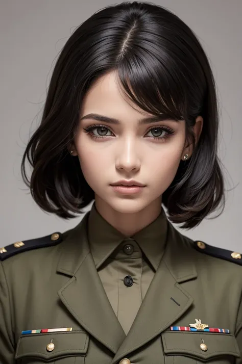 Mulher, cabelo loiro, olho preto, and army uniform,  com asas desenhadas no seu colete 